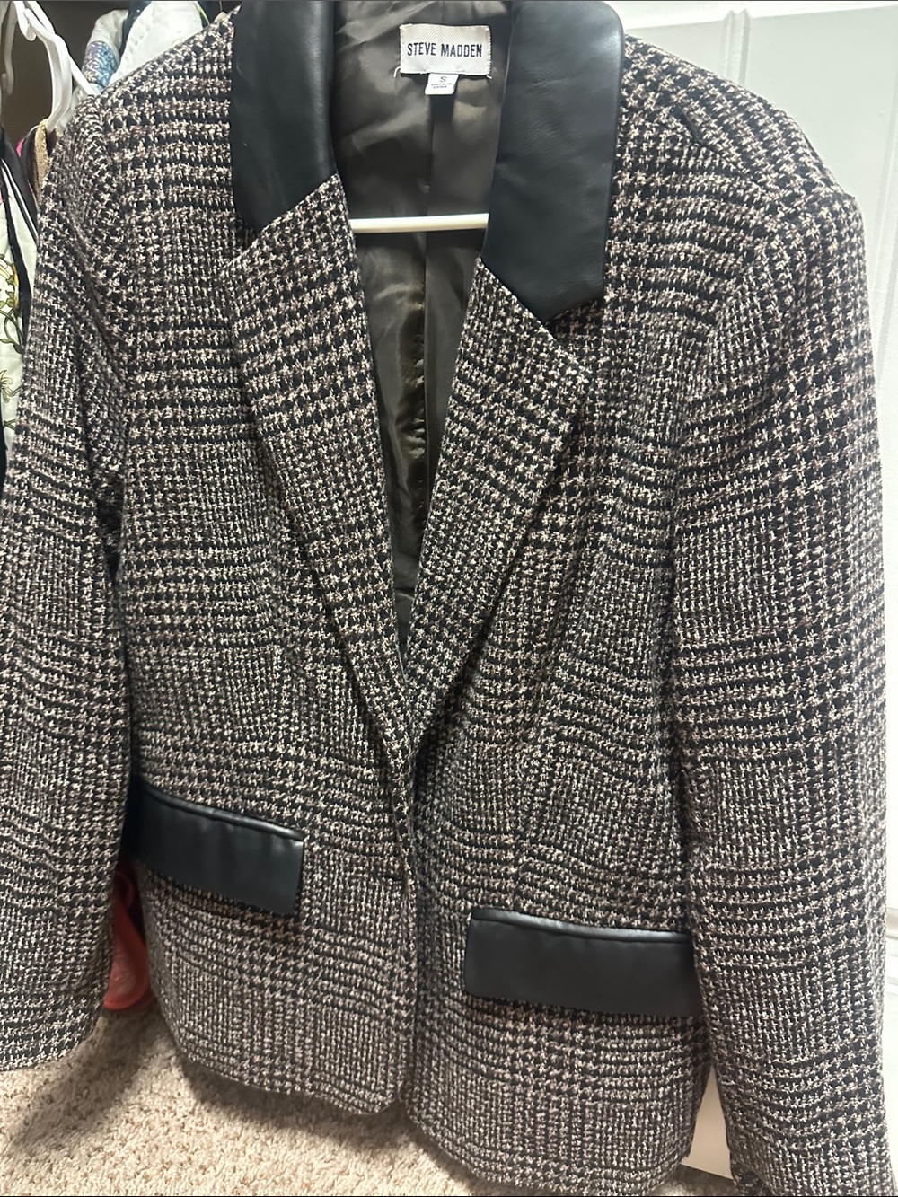 Steve Madden Black and Cream Plaid Tweed Blazer with Faux-Leather Trim